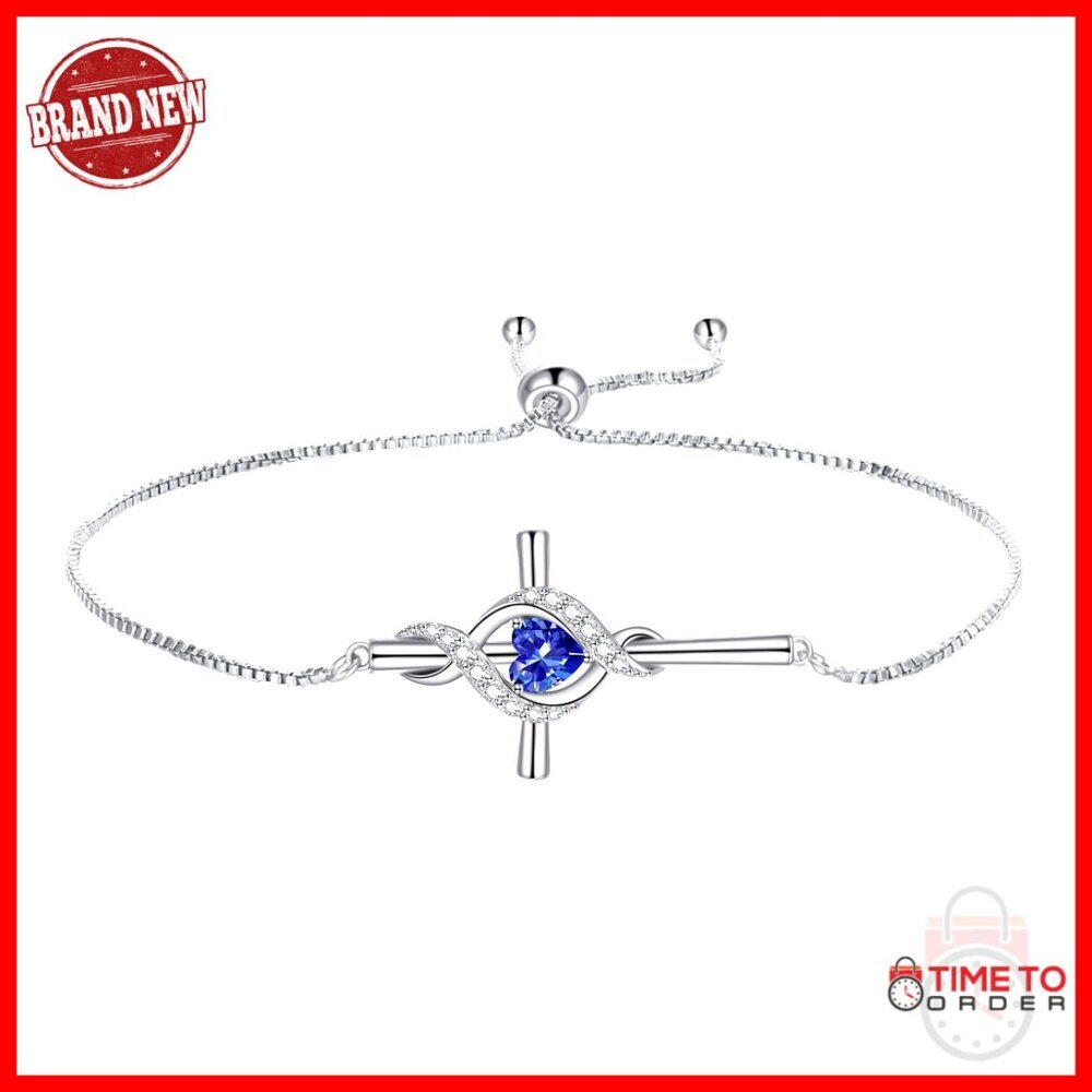 925 Sterling Silver Cross Birthstone Pendant Bracelet with Extension Chain